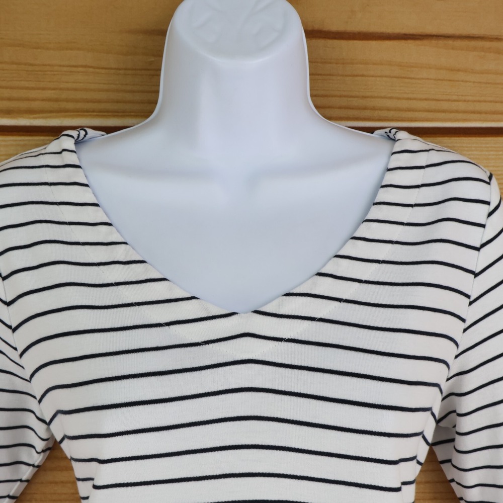 J. Jill 3/4 Sleeve V-Neck Shirt Womens S White Black Striped 100% Cotton Stretch - Picture 4 of 6